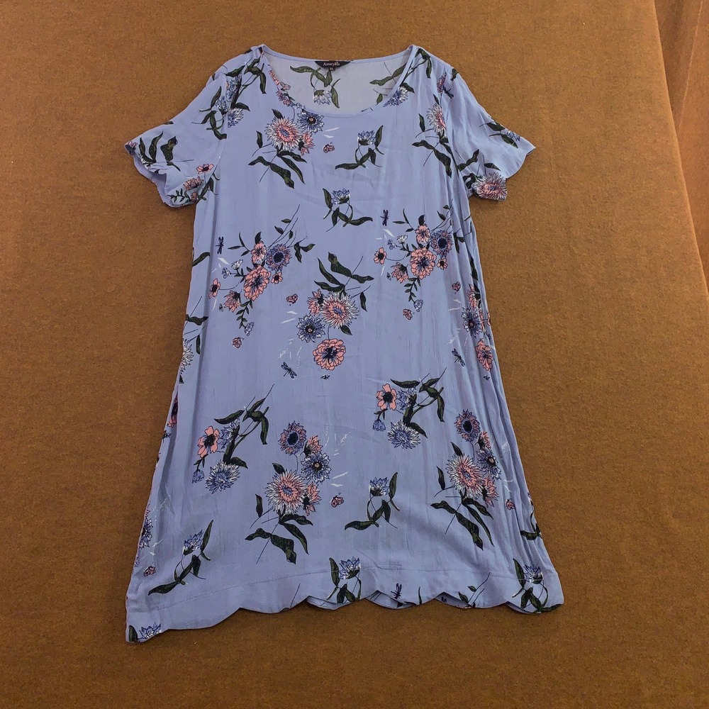 Amaryllis Womens XL Blue Floral Scalloped Hem Short Sleeve Shift Dress